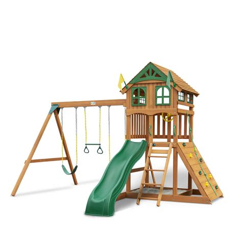 Gorilla Playsets Wilderness Gym II Playset Premium Cedar Lumber Construction; Clatter Bridge and Tower with Two Slides; 2 Belt Swings, and Trapeze Bar, Tic-Tac-Toe Game and More; Assembled Dimensions: 20.5ft W x 15ft D x 12ft H. Gorilla play set